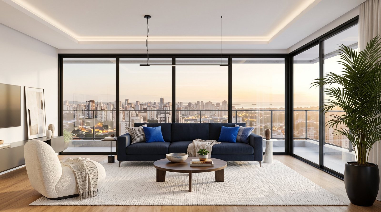 Living com vista panorâmica da cidade